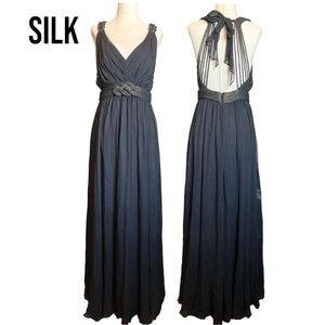 BCBG MAXAZRIA SILK Black Gold Grecian Long Flowy Low Back Gown 12 Petitie